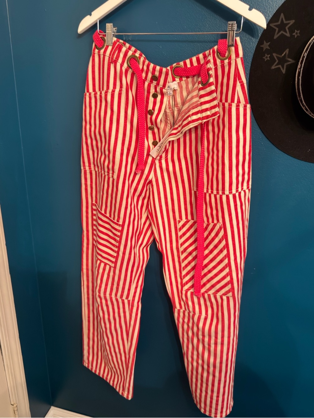 Red & White Striped Ankle Pants with Drawstring